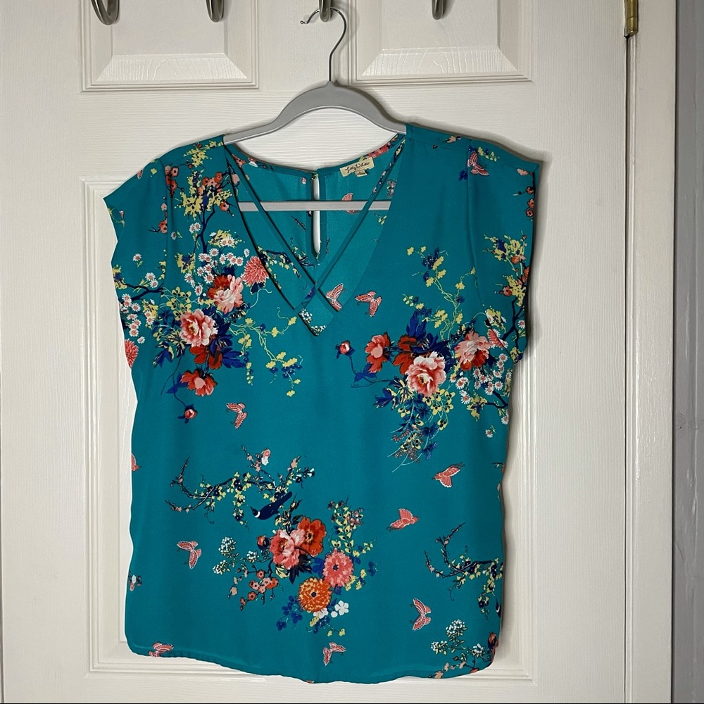 Women’s Turquoise Floral V-Neck Blouse Size L